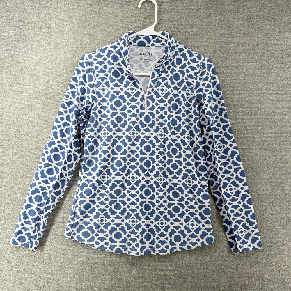 Icikuls Golf 1/4 Zip Pullover Women Size Small Blue White Geometric Tennis